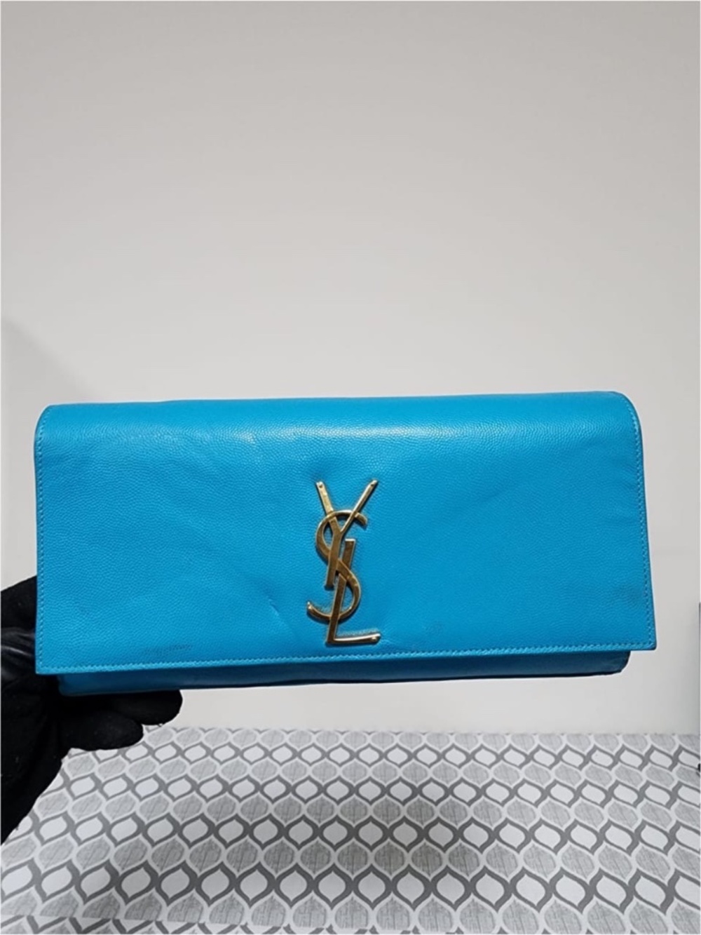 Authentic YVES SAINT LAURENT Caviar Leather Cassandre Clutch Bag turquoise